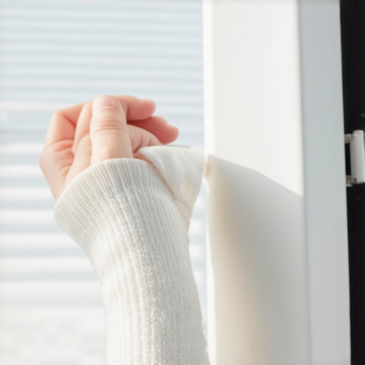 A hand wearing a white sock cleaning dusty window blinds by pinching the slat.