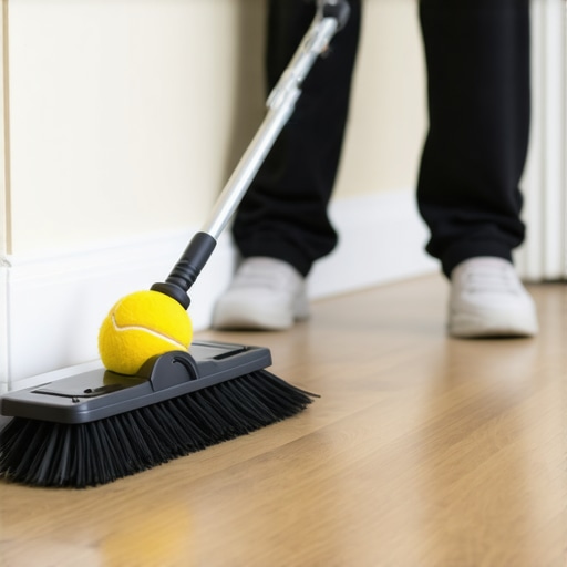 The tennis ball hack for clean baseboards A hand using a tennis ball on a broom stick to erase a black scuff mark from a white wooden baseboard.