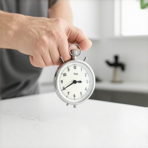 Timing Disinfectant Dwell Time A hand holding a stopwatch next to a sprayed kitchen surface to demonstrate proper sanitizing dwell time.