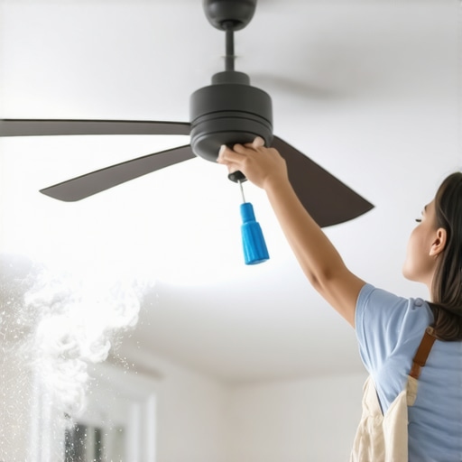 Top-to-bottom cleaning method in action A person dusting a ceiling fan using the top-to-bottom method to prevent re-cleaning surfaces.