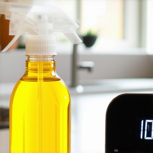 A kitchen counter with cleaning supplies and a timer showing the wait time for sanitization.