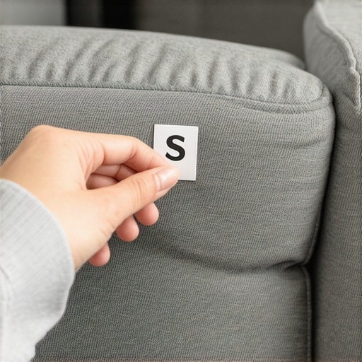A close-up of a furniture tag showing the S cleaning code to avoid water damage.