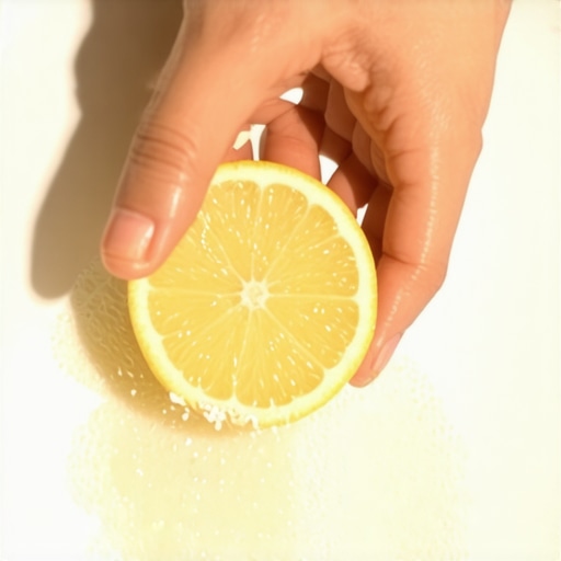 Using Lemon and Salt to Remove Sink Rust A hand scrubbing a porcelain sink with a lemon and salt to remove iron stains.