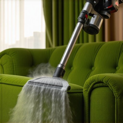 Using Professional Tools for Upholstery Extraction Close-up of HEPA vacuuming a vintage emerald green sofa for smoke removal.