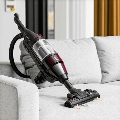 Using a Sealed HEPA Vacuum for Upholstery Care A high-quality vacuum cleaner with a HEPA filter cleaning a grey sofa to remove allergens and deep-seated dust.