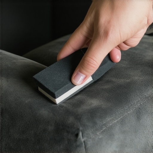 Using a Suede Eraser for Spot Cleaning A close-up shot of a hand using a suede eraser on a grey sofa to remove a mark without using water.