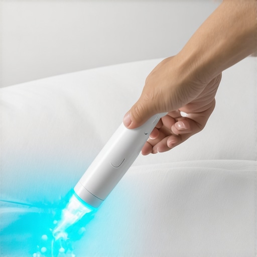 Using a UV-C Sanitizer on Bedding A person using a UV-C light wand to sanitize a bed pillow for high-level home hygiene.