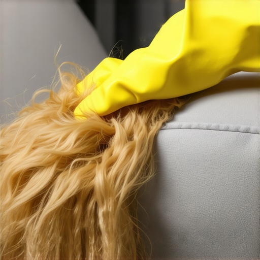 Using a rubber glove for pet hair removal Hand in rubber glove lifting pet fur from grey suede upholstery