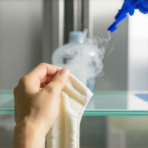 Using heat to clean refrigerator spills A hand wiping a glass fridge shelf with a hot cloth to remove sticky residue.