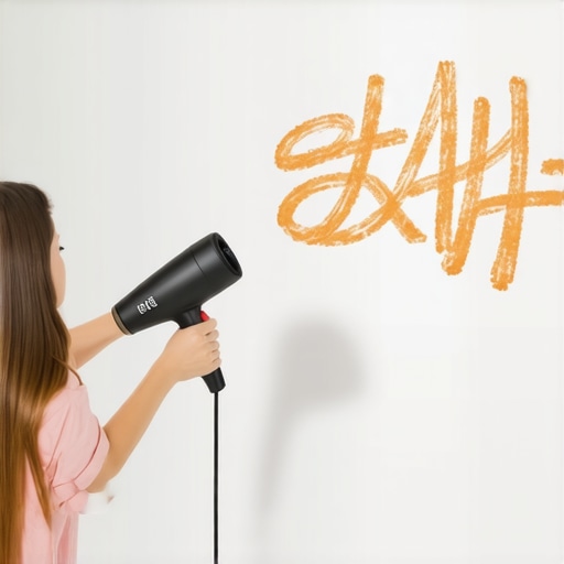 Using heat to remove crayon from walls A person softening crayon wax on a wall with a hair dryer and a cloth.