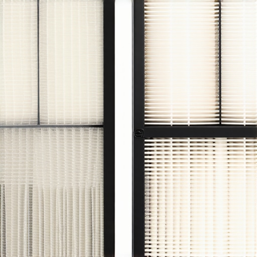 Close-up showing the difference between a dirty and clean vacuum HEPA filter