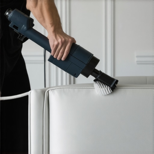 Vacuuming a fabric headboard to remove pet hair Close-up of a vacuum upholstery attachment cleaning a fabric headboard.