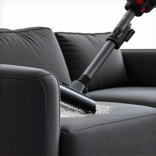 Vacuuming deep sofa seams with a crevice tool A crevice tool attachment cleaning the deep folds of a grey fabric couch to remove hidden dust.