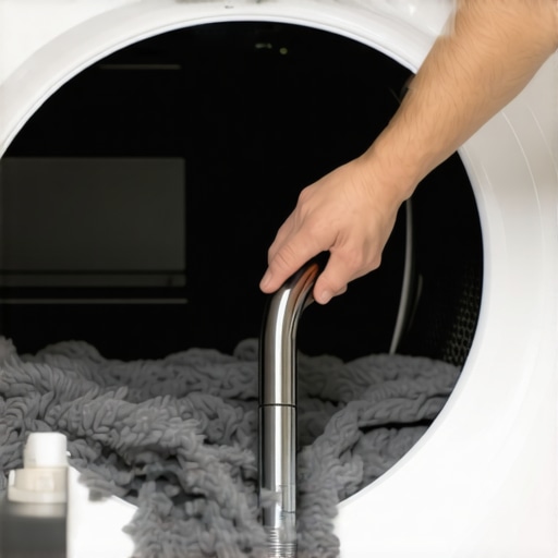 A person deep cleaning the internal cabinet of a dryer to remove lint buildup.