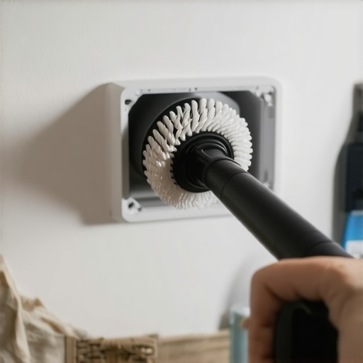 Vacuuming the bathroom exhaust fan motor Man cleaning bathroom fan blades with a vacuum attachment