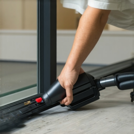 A vacuum attachment cleaning debris from a metal sliding door track.