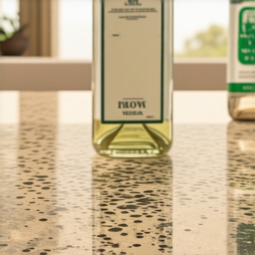 A close-up of a granite countertop with visible etching and dull spots from vinegar cleaning.