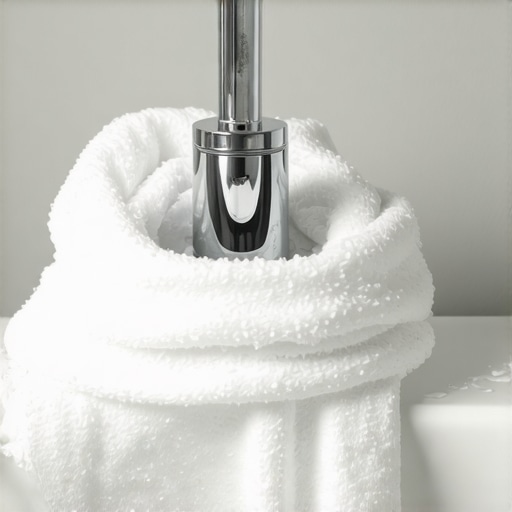 Vinegar-Soaked Faucet Wrap Technique Wrapping a bathroom faucet with a vinegar-soaked towel to remove hard water scale.