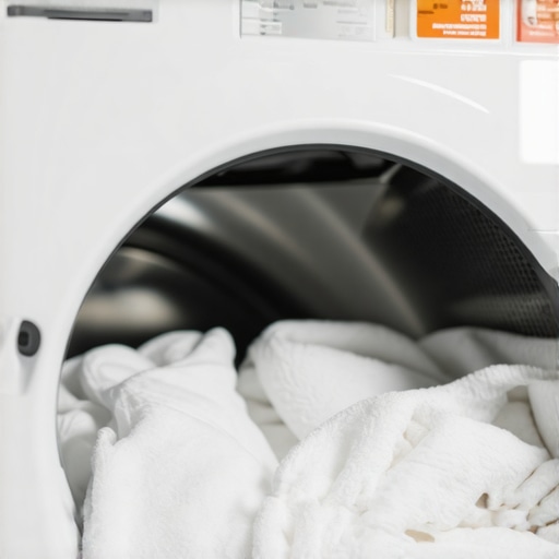 Vinegar and Baking Soda for Sanitizing Towels A laundry room setup showing the two-step process of using vinegar and baking soda to remove odors from kitchen and bath towels.