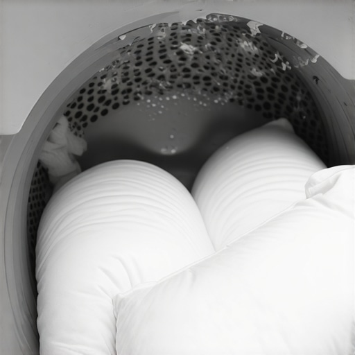 Washing Pillows in a Laundry Machine Close-up of two white bed pillows inside a washing machine drum with soap bubbles.